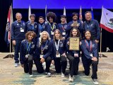 Team members (L-R) Front row Andrea Rozier, Isabella Escobedo, Clarissa Morgan, Luna Wheaton, and Jessica-Ann Villa. Back Row Coaches John and Janet Bengtson, Christian Pimentel, Rowe Boatman, Nazareth Franco, Richard Harmiel, Coach Allen Tong